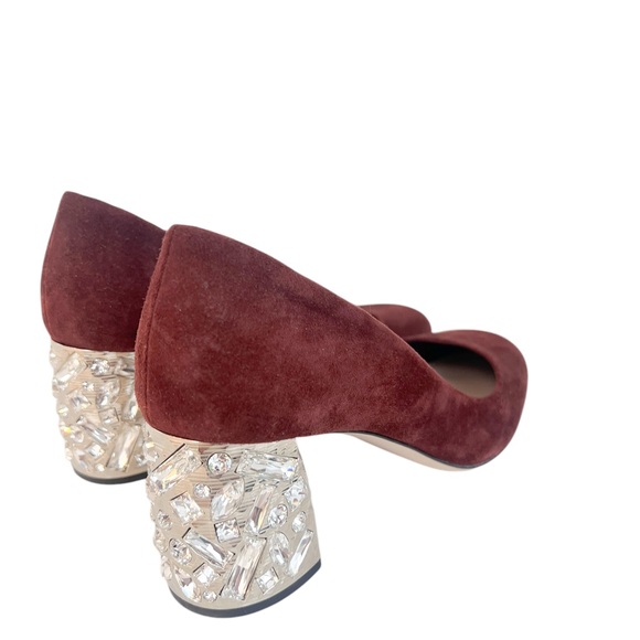 Miu Miu Burgundy Suede Crystal Embellished Block Heel Pumps - Picture 3 of 7
